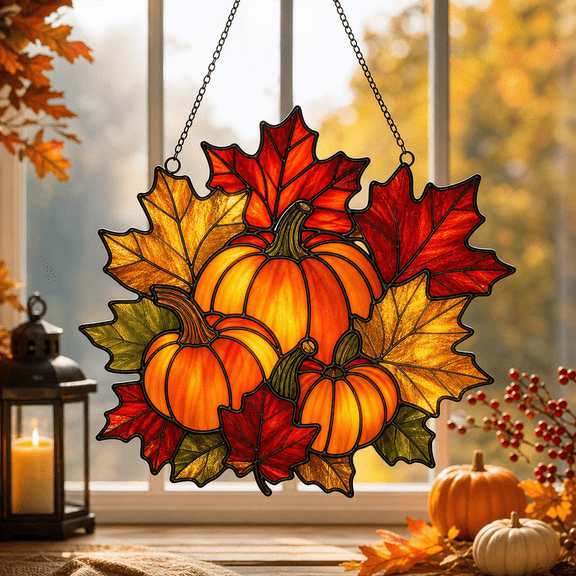 Acrylic Suncatcher Pumpkin Maple Leaf Cluster Window Decor for Fall