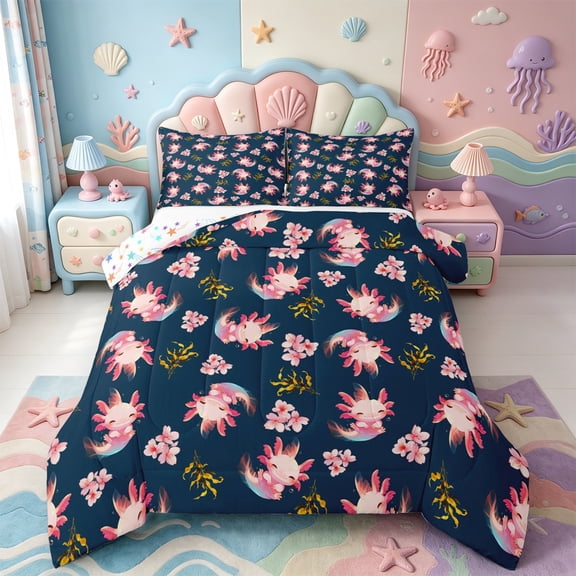 Manfei Animal Axolotl Full Size Comforter Sets,Pastel Salamander Bedding Comforter Set,Colorful Stars Reversible,3pcs,1 Comforter and 2 Pillowcases