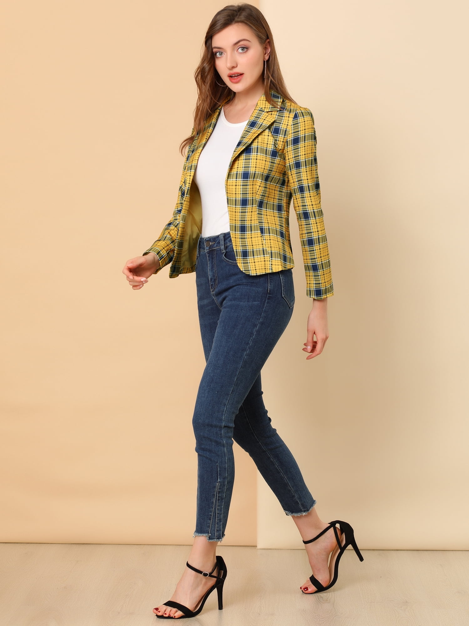 DARING DIVA Women's Elegant Notched Lapel Floral Print Blazer 2XL Yellow-Plaid