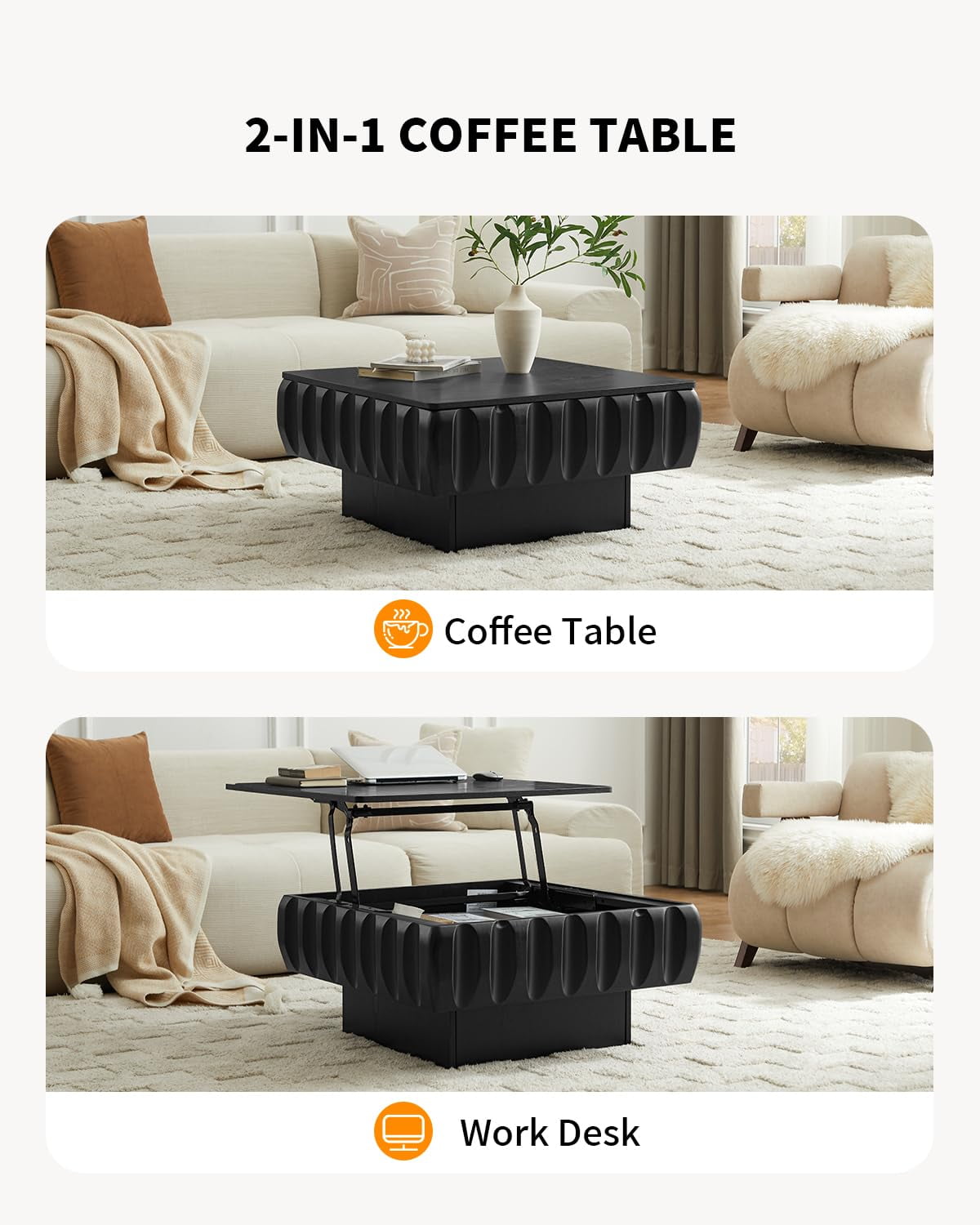 Lift Top Coffee Table with Hidden Storage, 31 inch Solid Wood Fluted Design for Small Space Living Room, Black
