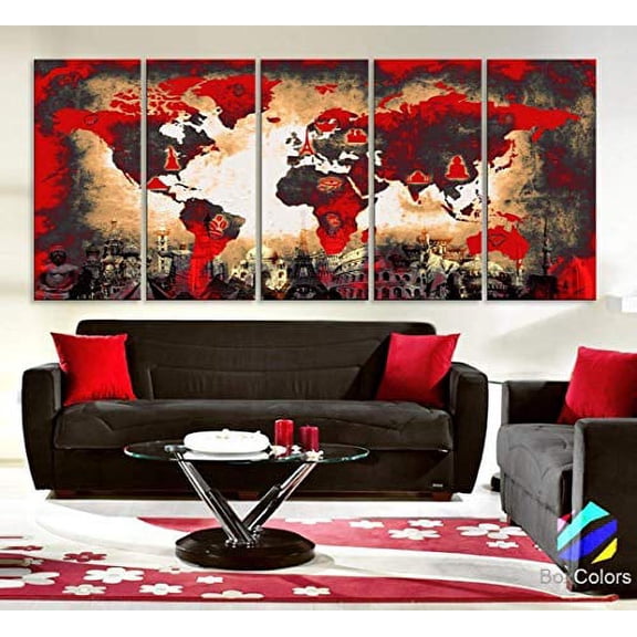 Original by BoxColors Xlarge 30"x 70" 5 Panels 30x14 Ea Art Canvas Print Original Wonders of the world Old Paper Map Red Yellow Wall decor Home interior (framed 1.5" depth)