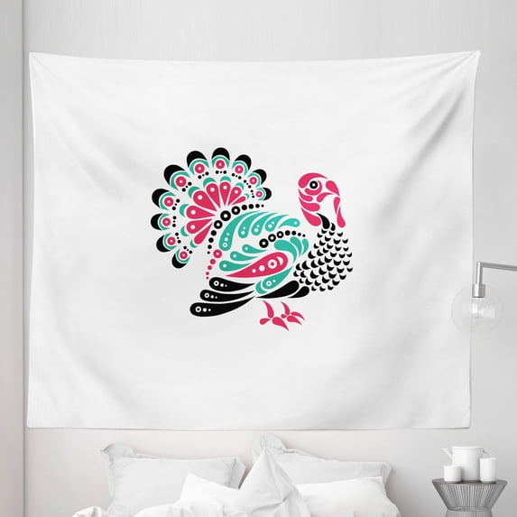 Turkey Tapestry, Thanksgiving Themed Animal Design with Paisleys Ornamental Elements, Fabric Wall Hanging Decor for Bedroom Living Room Dorm, 5 Sizes, Sea Green White, by Ambesonne