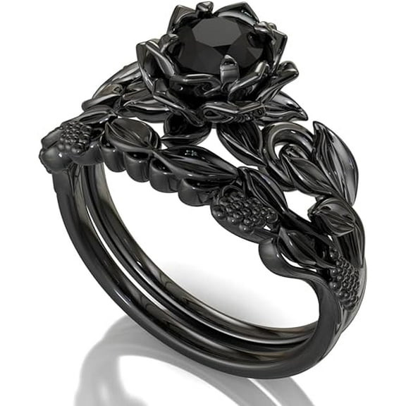 beryl_creation 1.32 Ct Round Cut Black Diamond Wedding Engagement Flower Bridal Ring Set 14K Black Gold Plated 925 Sterling Silver For Women's -9.5