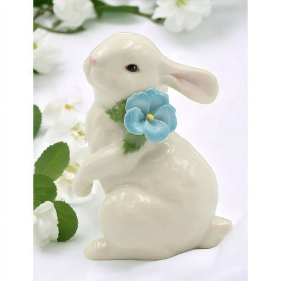 Ceramic White Rabbit Figurine with Blue Pansy Flower 3.5" Gift
