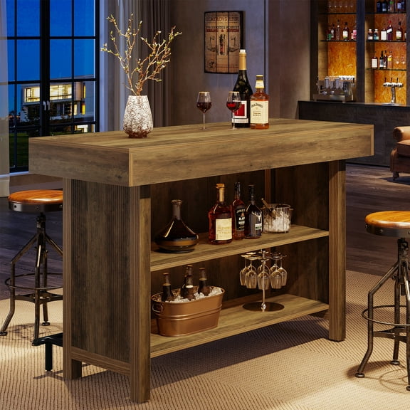 Finmind 57.48-inch Bar Table, Industrial Counter Height Pub Table with 2-Tier Storage, Rectangular Home Bar Unit with Metal Footrest, Rustic Brown