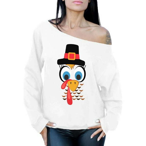 Awkward Styles Thanksgiving Sweatshirt Turkey Face Off Shoulder Tops for Women