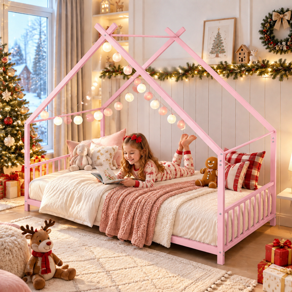SESSLIFE Twin House Bed Frame, Low Profile Floor Bed with Roof Frame, Montessori Metal Platform Bed with Slats, No Box Spring Needed, 250 lb, Pink