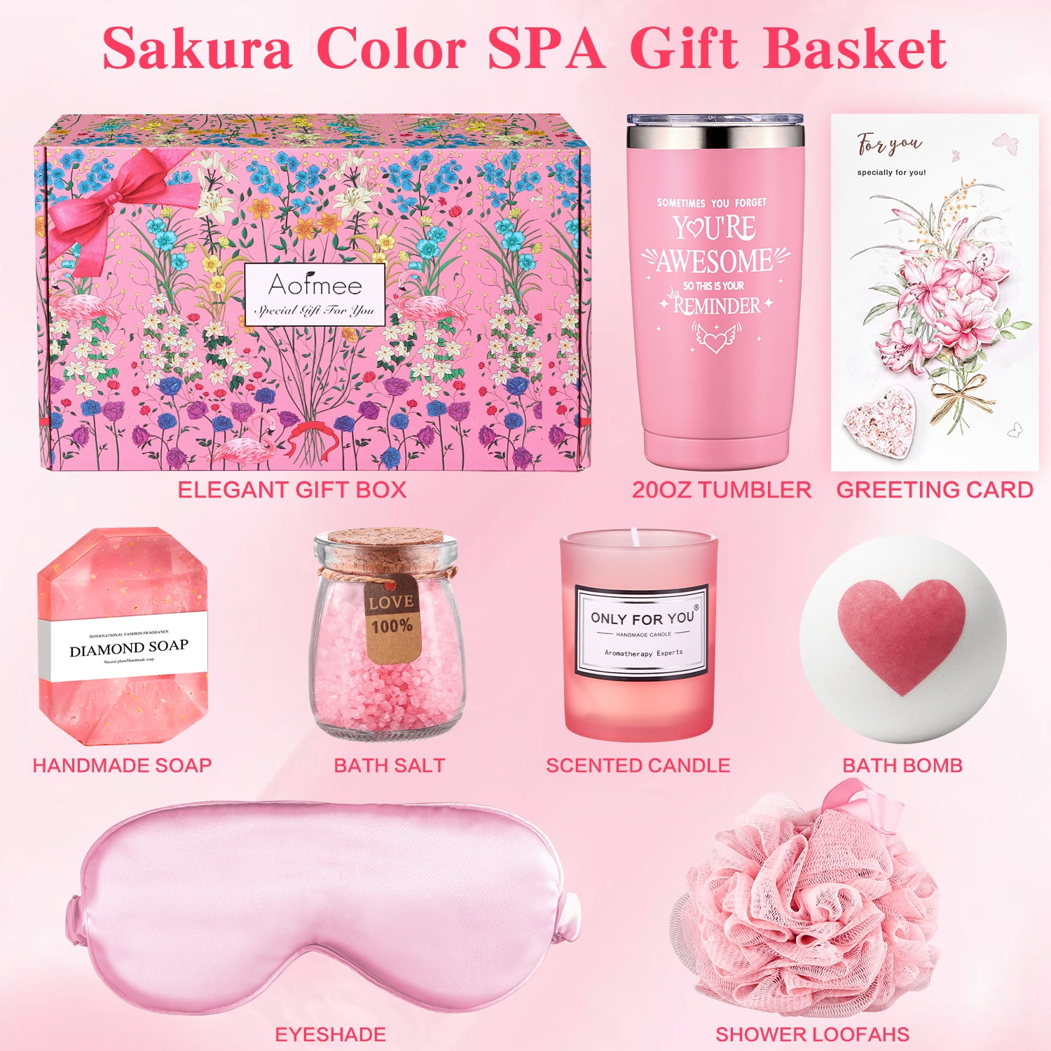 Aofmee Gift Baskets for Women, 8 Pcs Spa Rose Bath Care Set, Holiday & Graduation Gifts, Birthday Gift for Women, Pink