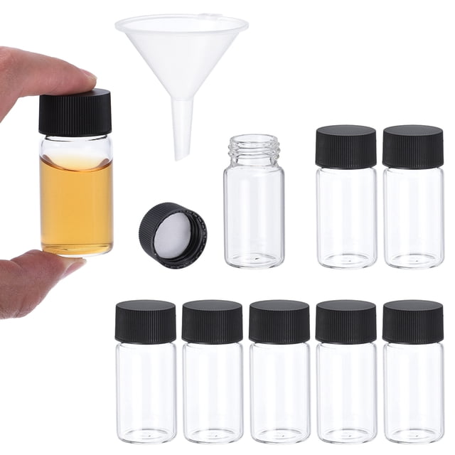 Frascos de vidrio claros de 20 ml, paquete de 8 frascos de muestra con tapa de tornillo, botella de medio reactivo con embudo a prueba de fugas