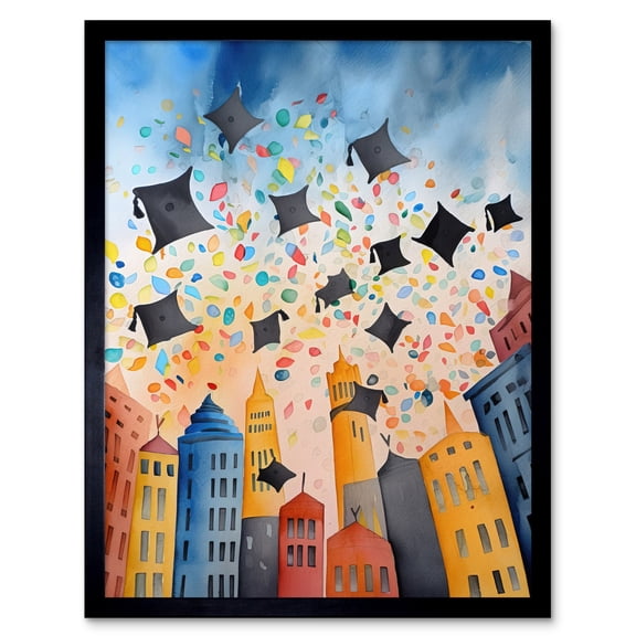 Graduation Day Folk Art Watercolour Painting Art Print Framed Poster Wall Decor 12x16 inch