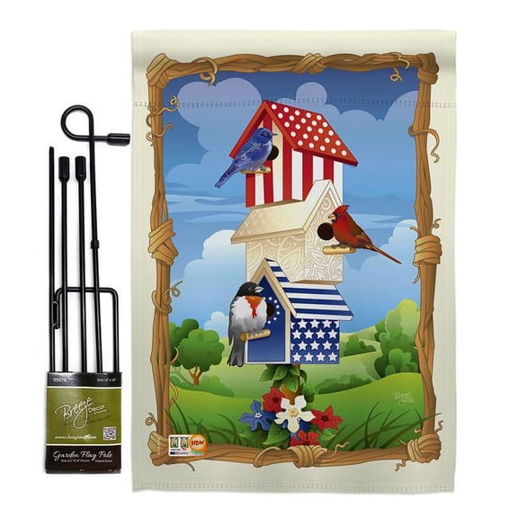 Breeze Decor BD-PA-GS-111058-IP-BO-D-US12-AL 13 x 18.5 in. Star Spangled Birdhouse Americana Patriotic Vertical Double Sided Mini Garden Flag Set with Banner Pole