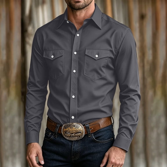 LEKWK Cowboy Shirt for Men Long Sleeve Button Front with Dual Flap Chest Pockets Point Collar and Regular Fit Western Work Shirt for Rodeo Ranch Travel and Everyday Casual Style
