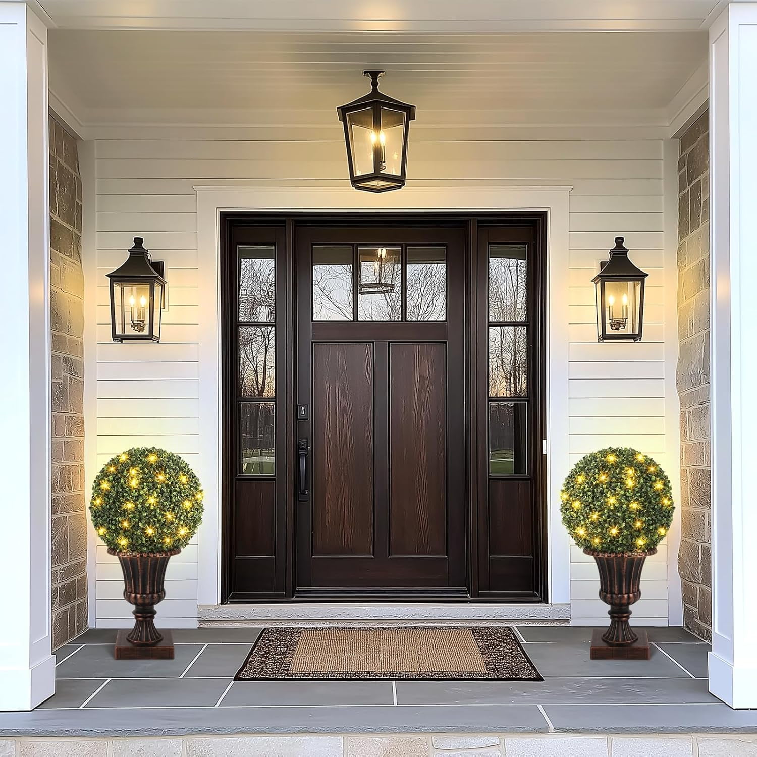 2 PCS 16 inch Artificial Plant Topiary Balls,Faux Boxwood Decorative Balls with Sturdy Pot Base,Pre-Lit Waterproof Fake Greenery Plants Ball for Backyard Garden Wedding Home Decor