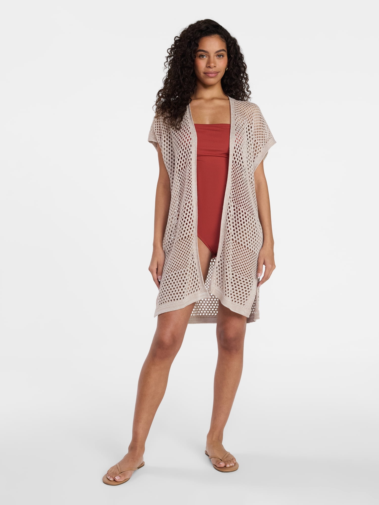 Time and Tru Women's Openwork Knit Coverup, Size XXL/XXXL, True Taupe/Khaki Safari