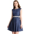 thumbnail image 2 of INSPIRE CHIC Robe en Denim pour Femme Ceinturée Col Rond au-Dessus du Genou Manches Courtes Élégante Robes de Travail, 2 of 6