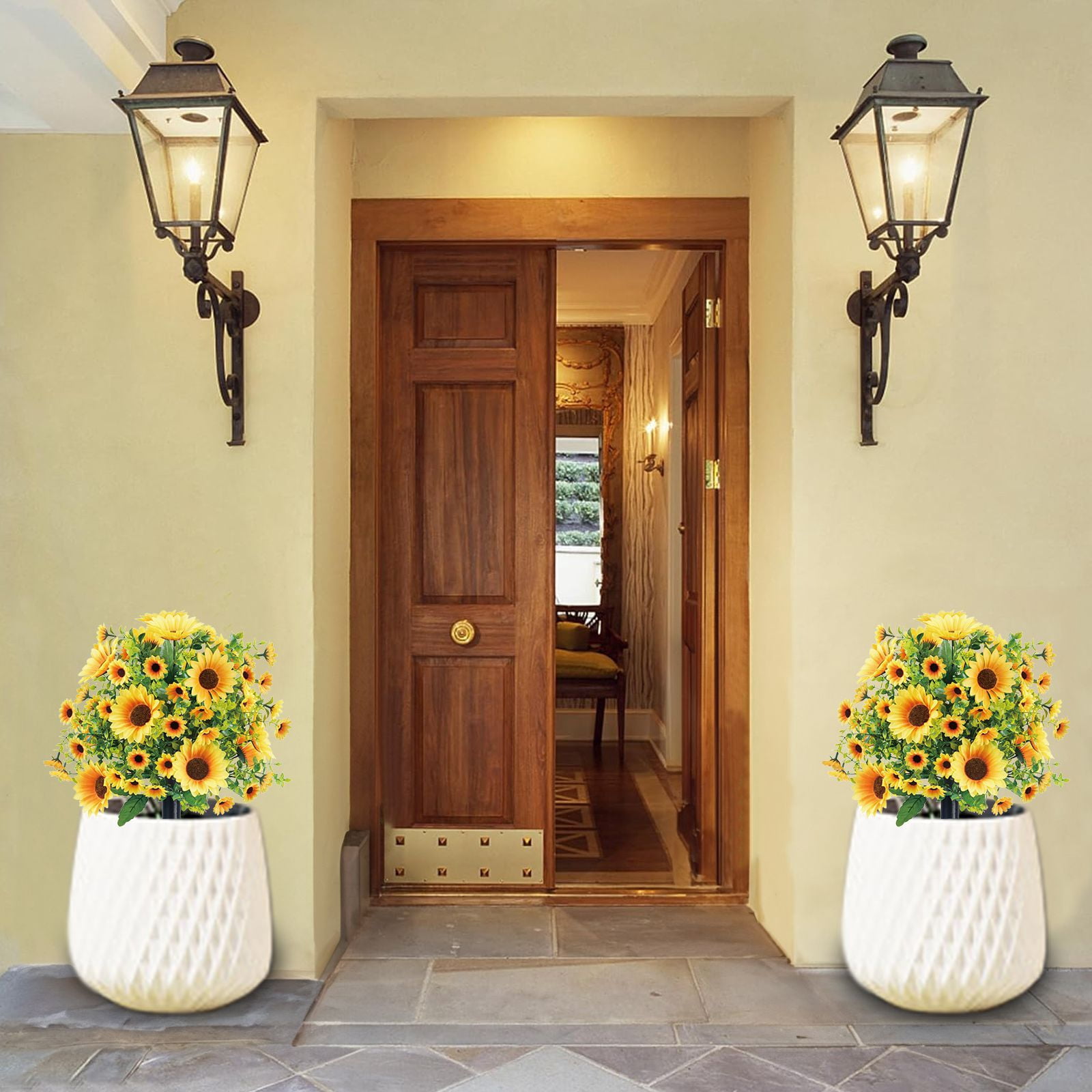 2PCS Artificial Boxwood Topiary Ball Trees with Sunflowers for Outdoor with Ground Spik, UV Resistant Faux Greenery Shrubs, Fake Boxwood Plants for Indoor, Garden, Yard, Porch, Patio Decor