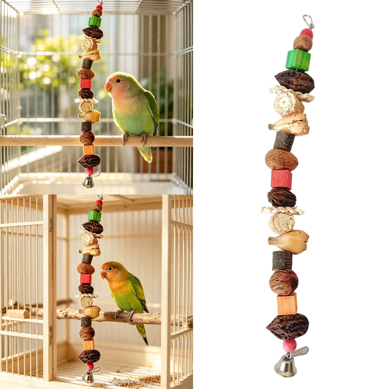 Hanging Bird Foraging Chew Toy Organic Wooden Fruit Nut Bead Parrot Toy Stress Relief Gnawing Accessory For Pet Bird Cage Interior Decoration