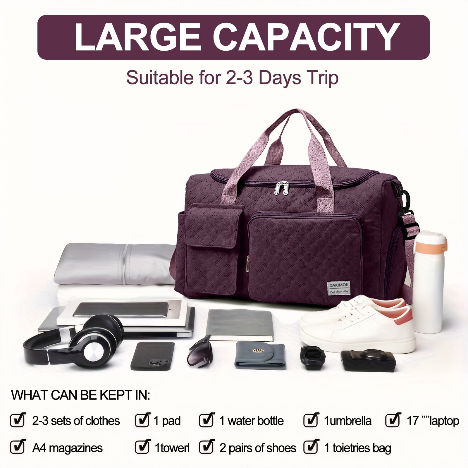 DAKIMOE Travel Duffle Bag for Women Large Weekender Bags Carry on Gym Duffel Bag with Wet Pocket/Shoe Compartment Waterproof Overnight Tote for Plane Hospital Sports Yoga Business Trips, Dried Rose