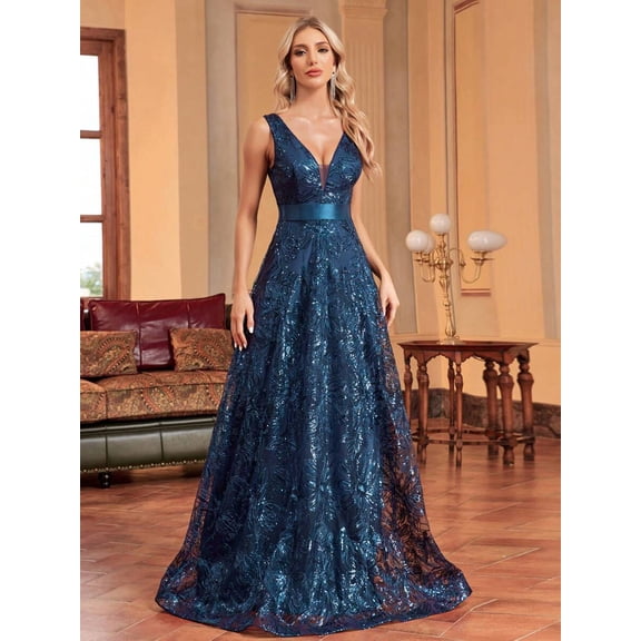 Teal Blue Sequin Embroidered V-Neck Sleeveless Maxi Evening Gown