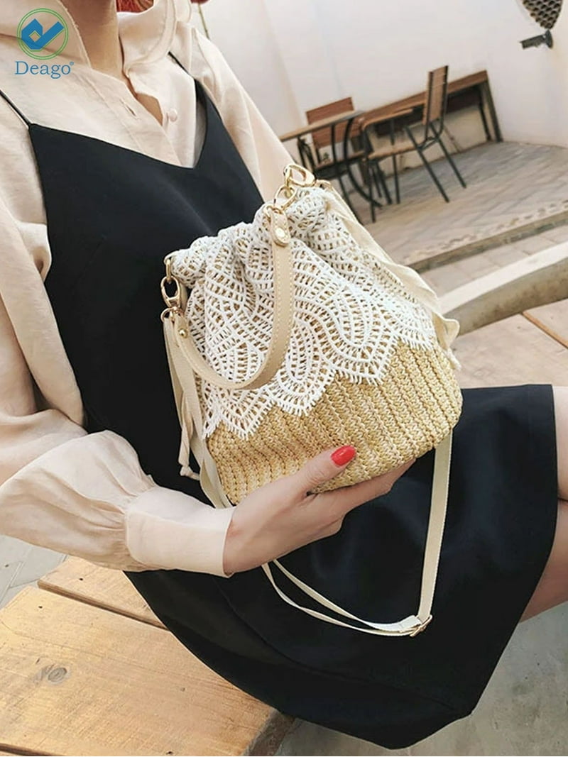 ショルダーバッグ・ポシェット +DEINET+ LACE STRING BAG IN IVORY KDTUA4S53110200F Deago Straw Handbags Women's Summer Beach Straw Bucket Tote