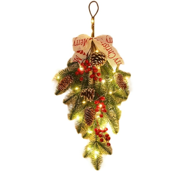 Couronne de Noël Suspendue Inversée 55Cm avec Lumières Led Baies Rouges Pommeaux de Pin Goutte pour Décoration Murale Escalier Intérieur Extérieur