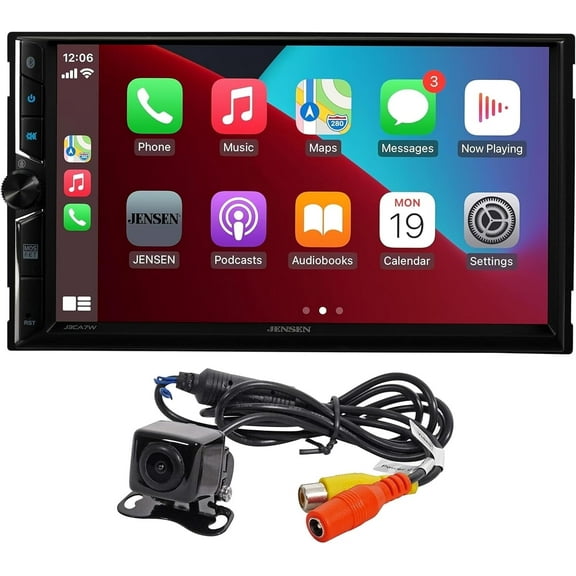 Jensen 7-inch Head Unit Multimedia Receiver with Apple CarPlay Android Auto | Double DIN Touchscreen Car Stereo | Bluetooth | Backup Camera | USB Playback & Charge