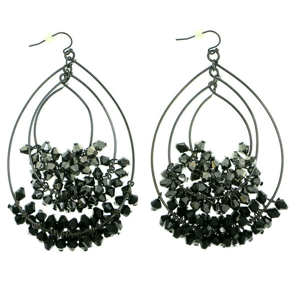 Drop Dangle Three Layered Hoop Earrings Dark Silver-Tone