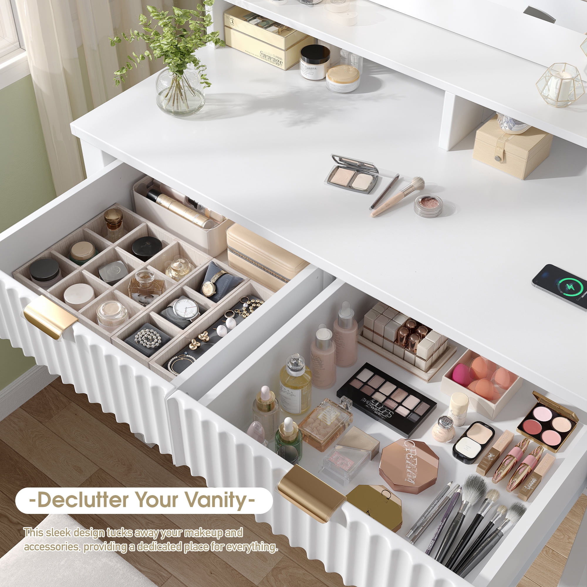 Vanity Desk with Storage Stool Fluted Dressing Table with Mirror and 3-Color Lights Vanity with 2 Large Drawers & Charging Station, White