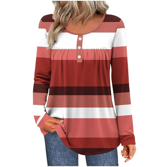 HAiming Womens Color Block Tops Striped Long Sleeve V Neck Button Pleated Casaul Pullover Blouse Trendy Clothes