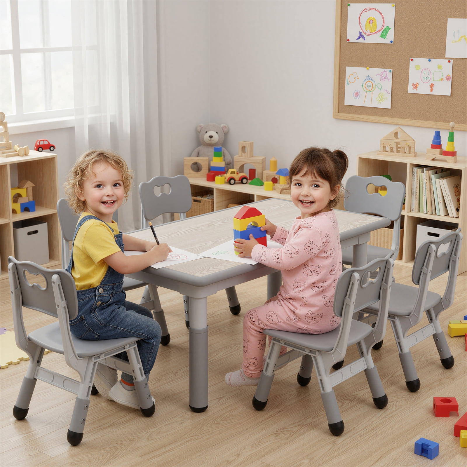TLSUNNY Kids Table and 6 Chairs Set, Height Adjustable, Preschool Activity Table with Graffiti Top for Daycare Classroom, Ages 3-12, Gray