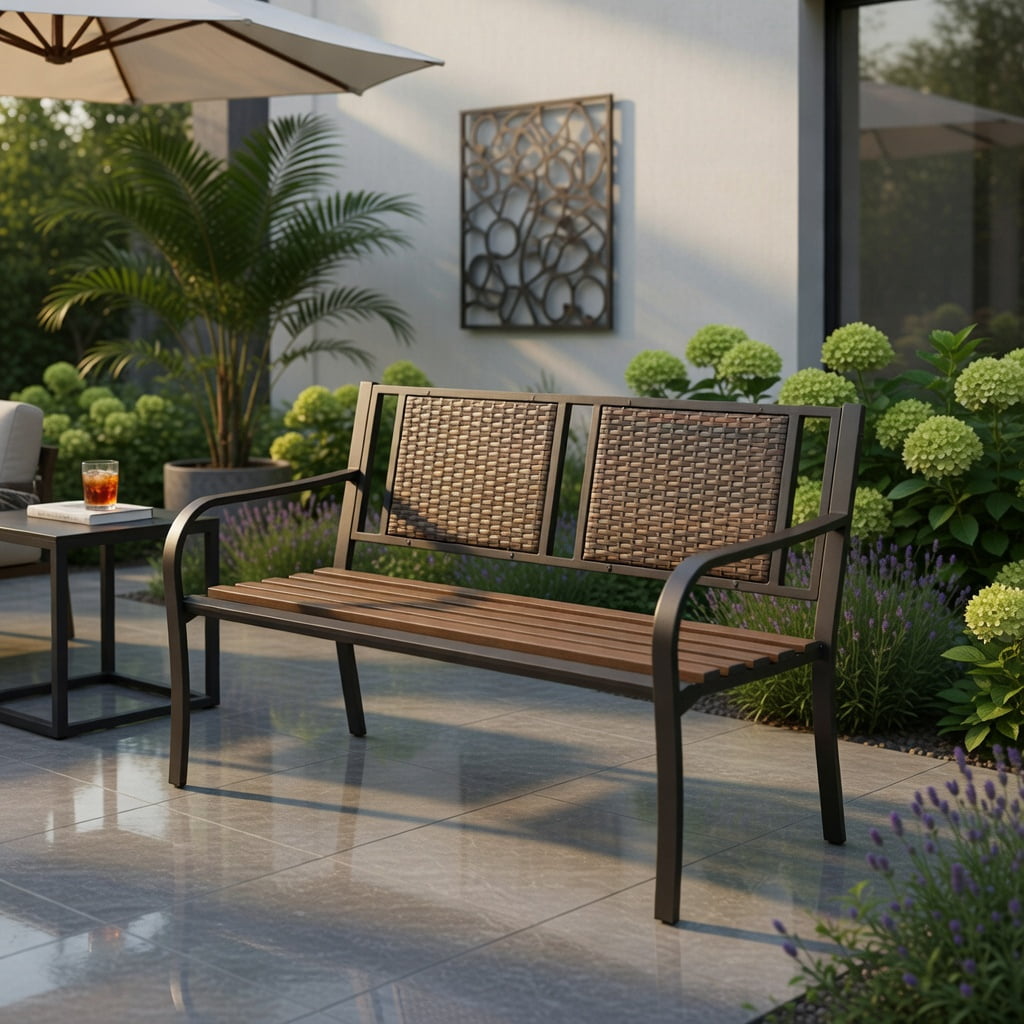 Hommoo Outdoor Patio Bench, Heavy-Duty Powder-Coated Steel Frame with All-Weather PE Rattan, Garden, Backyard & Balcony Seating, Bronze