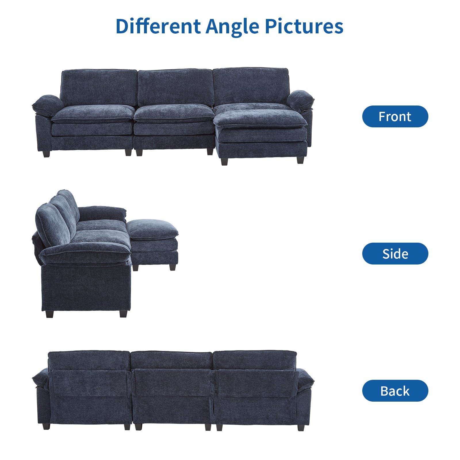 Capri 122" Oversized Sectional Couch, L Shaped Cloud Couch, Convertible Sofa Set for Living Room, Chenille, Blue