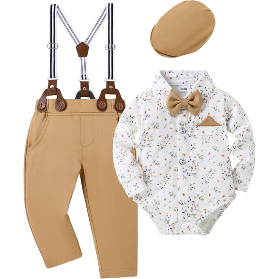 ZOEREA Baby Boy Clothes Suits 4PCS Gentleman Outfit Dress Romper Beret Hat Suspender Pants Bow Tie Wedding Set