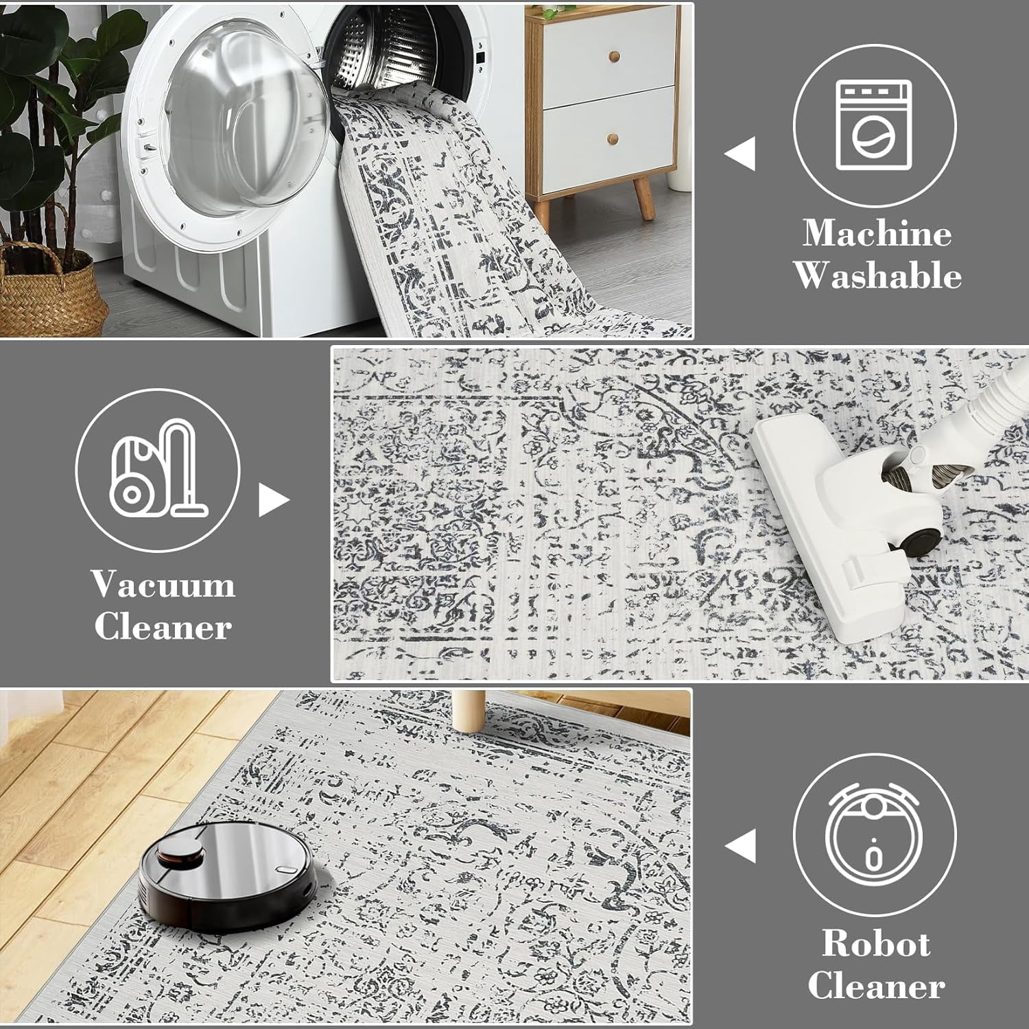 Area Rug 8x10 Washable Rug Grey Vintage Rug Traditional Floor Cover Thin Rug Retro Indoor Distressed Non Slip Carpet Floral Print Mat Dining Room