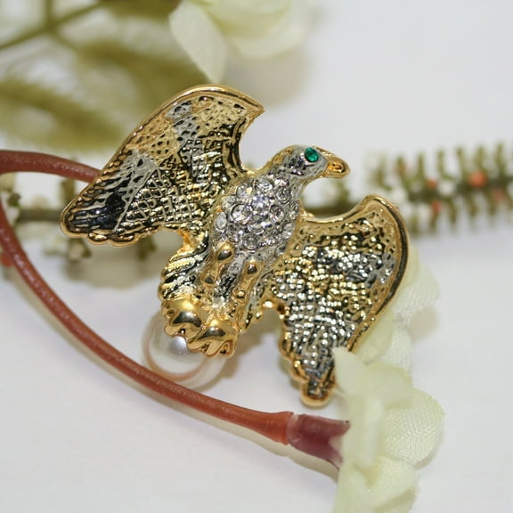 Rhinestone Gold Eagle Crystal Pearl Pin Small Dar Patriot Military USA Campaign Dar Brooch