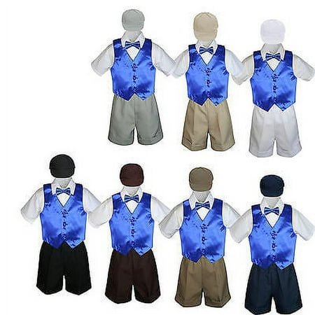 

5pc Boy Toddler Formal Royal Blue Vest Bow Tie Black Khaki Brown Hat Shorts S-4T