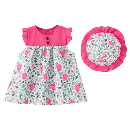 

Toddler Baby Girls Summer Sundress Fashion Sleeveless Flower Collar Princess Dress Puffy Pleated Mini Dress with Hat Outfit 2 Piece Set