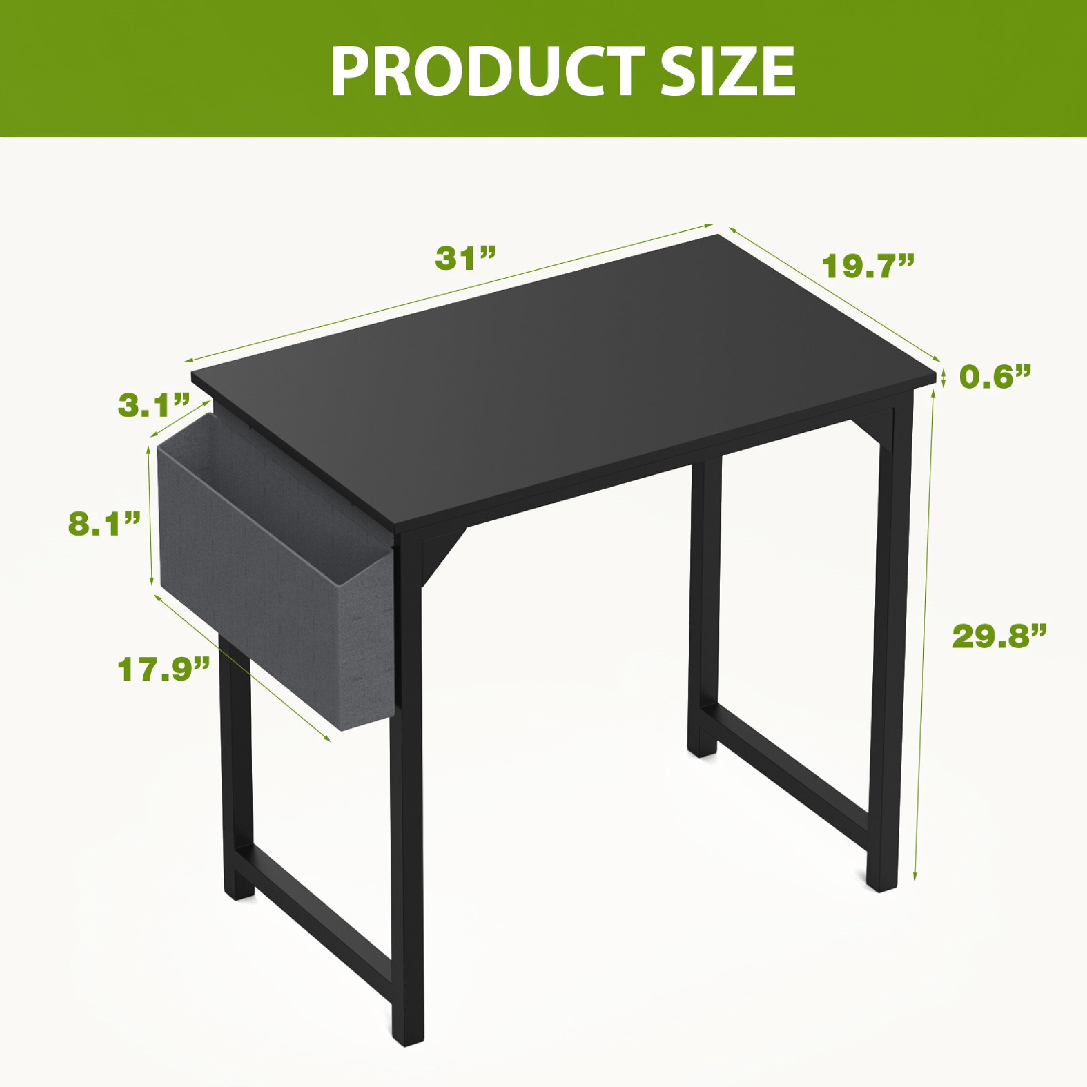 CONCETTA Computer Desk 31 Inch, Simple Farmhouse Table With Storage Bag & Headphone Hooks, Black