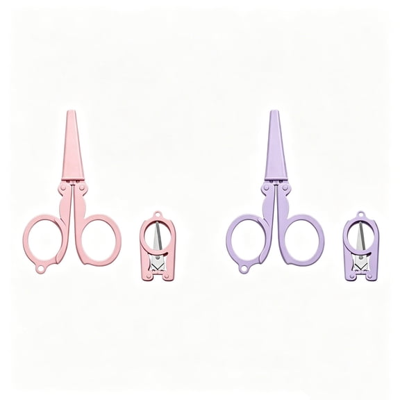 2Pcs Badge Reel Scissors, Mini Folding Scissors Foldable Cutter Stainless Steel Scissors with Safety Cap, Ideal for Crafting, Scrapbooking, Sewing, (Purple,Pink)