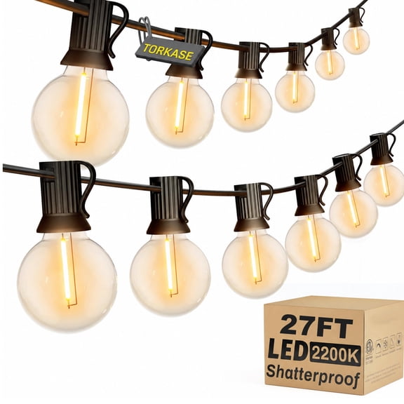 Torkase Outdoor String Lights, 27FT G40 LED IP65 Waterproof Patio Lights, 12 Shatterproof Edison Bulbs, Plug-In,Dimmable Connectable, Hanging Light for Backyard Porch Party Decor, Warm White