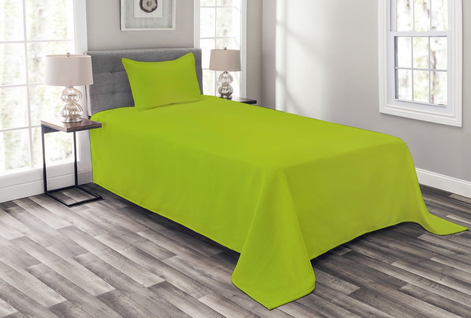 Lime Green Bedspread Set Twin Size, Empty Backdrop Blurry Off Focus