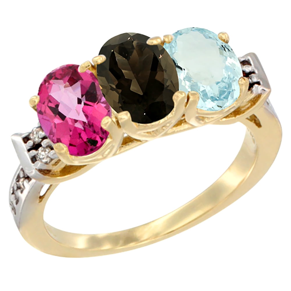 10K Yellow Gold Natural Pink Topaz, Smoky Topaz & Aquamarine Ring 3-Stone Oval 7x5 mm Diamond Accent, sizes 5 10 by WorldJewels
