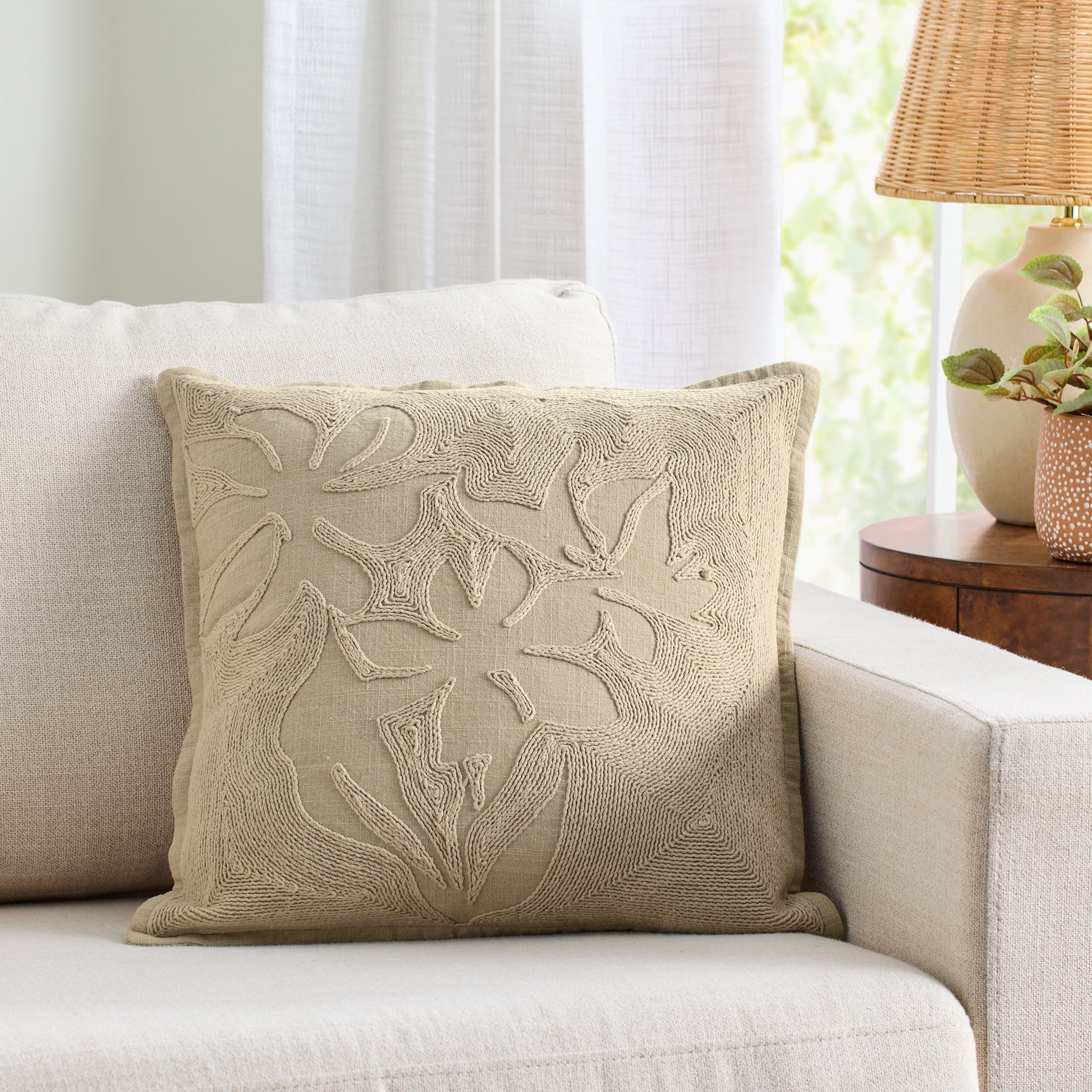 Better Homes & Gardens Sophia Floral Embroidered Throw Pillow Cover, Latte Swirl, 18x18 Inch, 1 Count