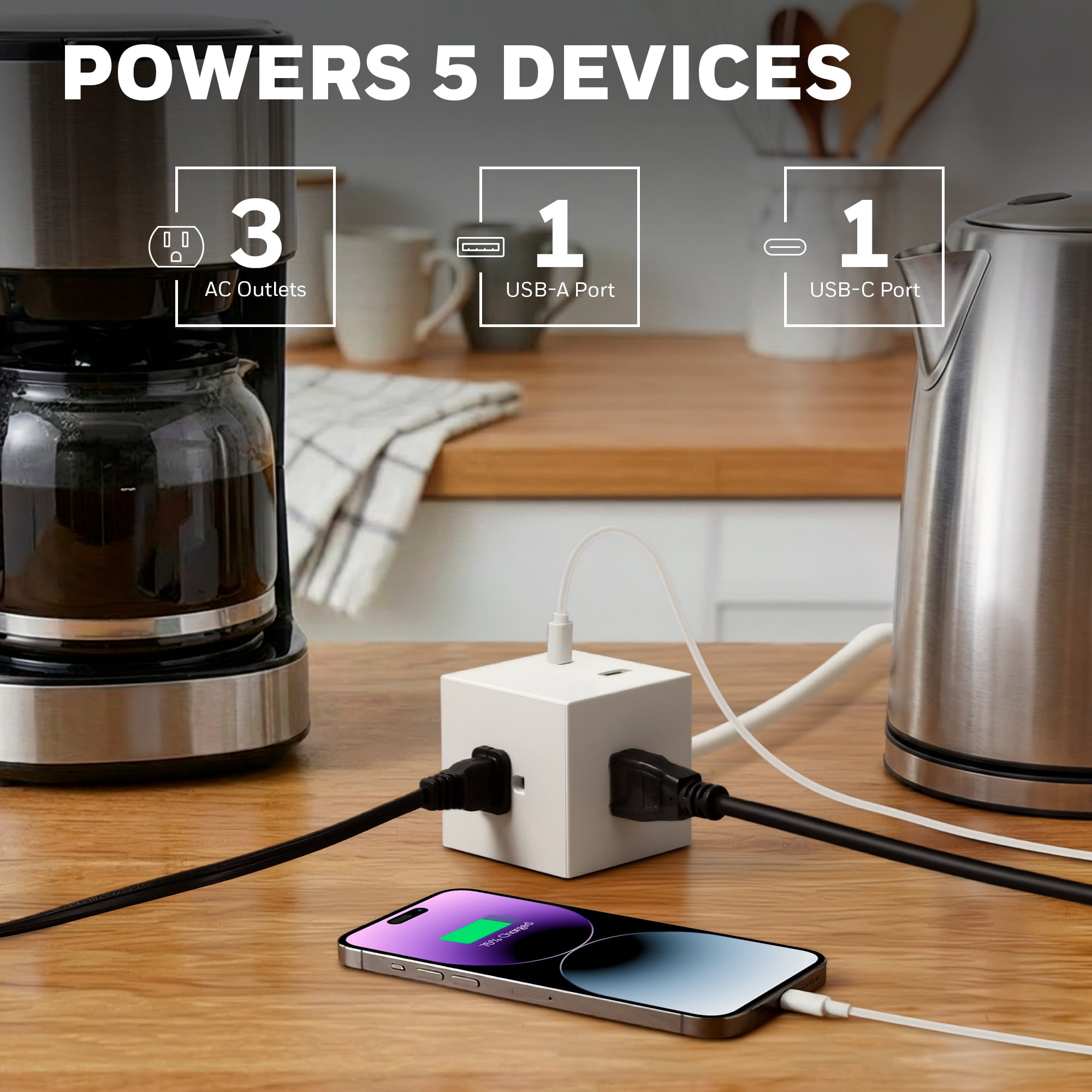 Honeywell Power Cube Surge Protector with 3 AC Outlets and 2 USB Ports, 4ft Fabric Cord, White