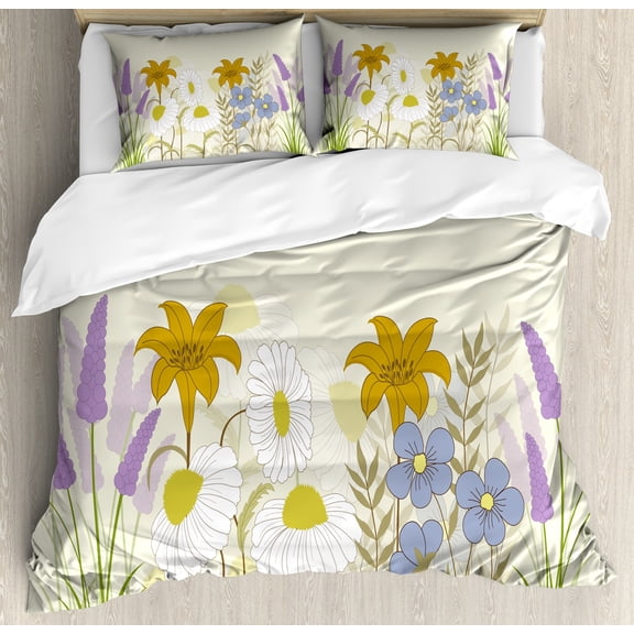 Floral Duvet Cover Set, Composition of Blossoming Spring Wildflowers Chamomiles and Lavenders, Decorative 3 Piece Bedding Set with 2 Pillow Shams, Calking Size, Eggshell and Multicolor, by Ambesonne