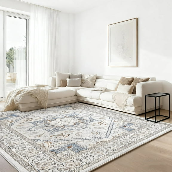 Soft Washable Rug 8'x10', with Non-Slip Backing, Faux Shaggy Wool Area Rug, Cream White, Blue and Brown