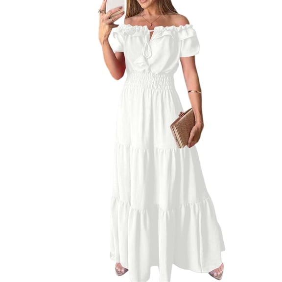 CIENVNSTG Long Dresses for Women Fashion Short Sleeve Beach Long Dress Casual Loose Classy Dress White L