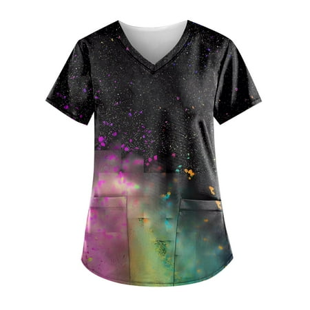 

TKing Fashion Women Plus Size Scrubs Top V-Neck Short Sleeve Printed Pockets Work Blouse for Women Black 3XL