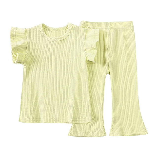 Hiiyo Girls Knitted Rib Pajamas Ruffle Sleeve T-Shirt Flared Pants Cotton Sleepwear