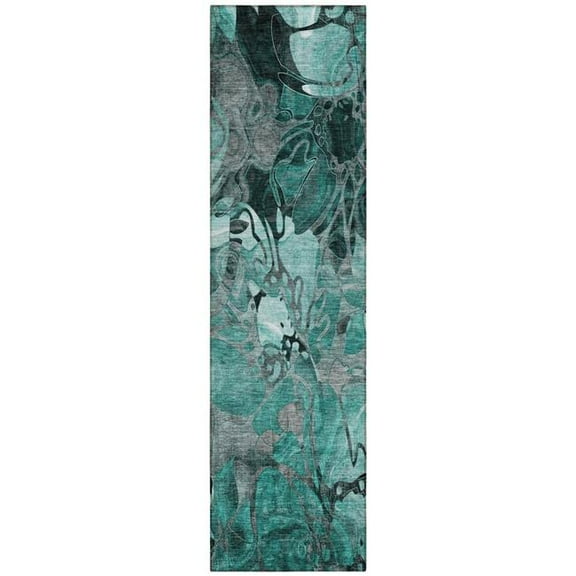 HomeRoots 563071 8 ft. Runner Teal Black & Gray Floral Washable Non Skid Indoor Outdoor Runner Machine Woven Rug